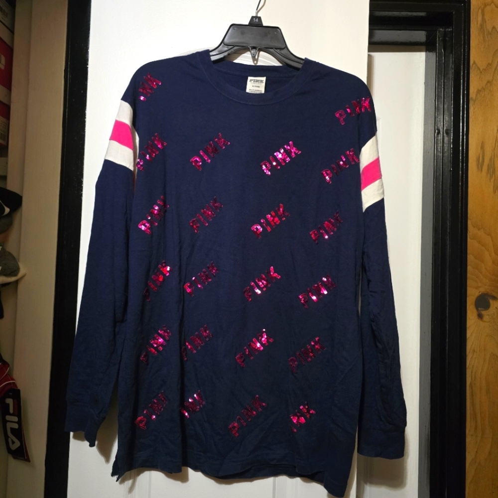 Pink Women's Navy Long Sleeve Shirt W Sequin Logo Detail All Over Size Medium